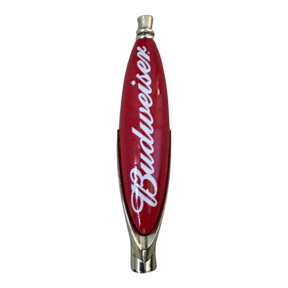 BUDWEISER Beer Vintage Tap Handle Red Shield Script Logo Chrome Trim 7.5 Inch